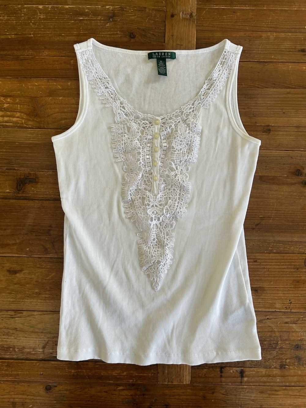 Lauren Ralph Lauren White Ribbed Tank with Lace Appliqué